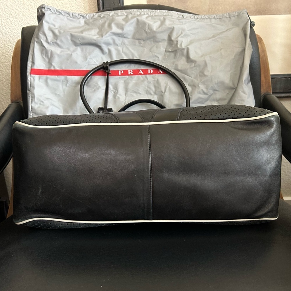 Rare vintage PRADA 'Vitello Drive' Black Leather Bowling Bag modeled by Gisele - Picture 8 of 16